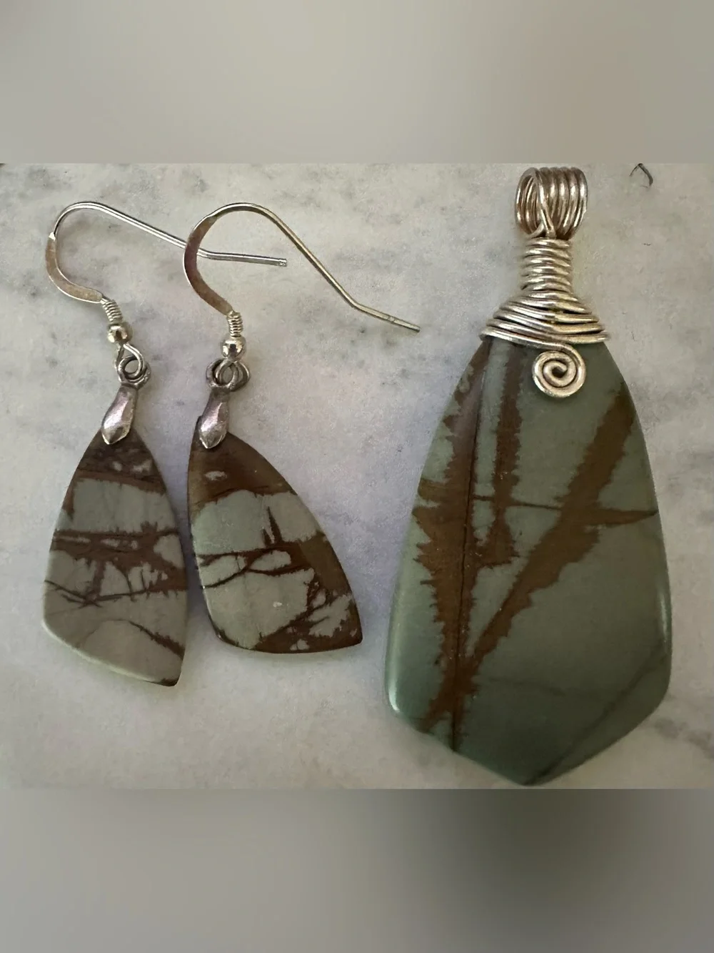 Handmade Jasper Pendant Necklace with Matching Earrings Set in Sterling Silver